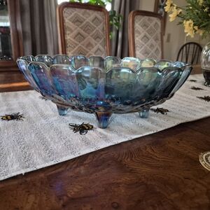 Iridescent Blue Glass Footed Bowl - Home Art